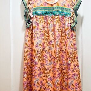 THML floral dress with orange background. Size LARGE. 37 inches length COTTON